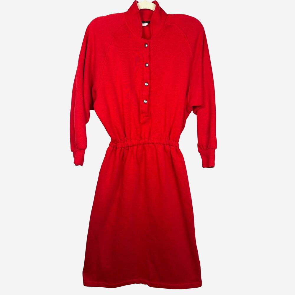 Vtg 80s Eddie Bauer Red Fleece Snap Front Sweatshirt Dress w/Shoulder Pads
